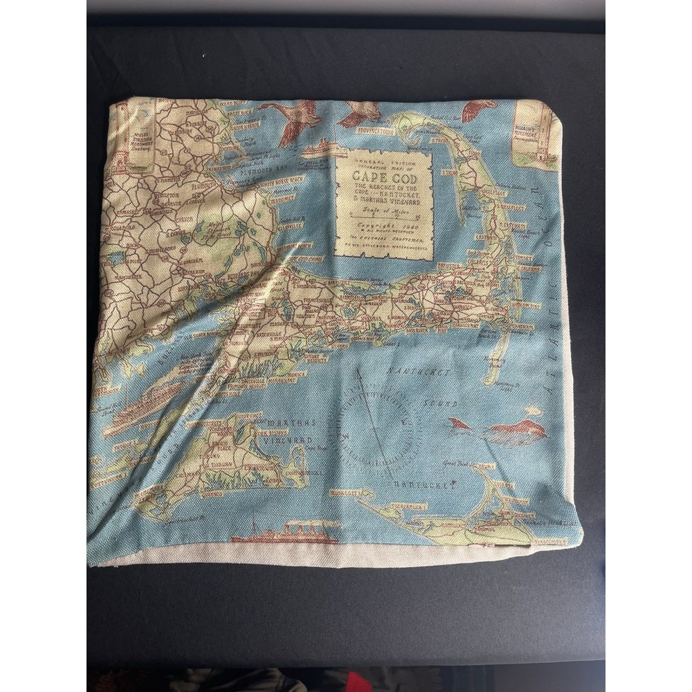 Cape Cod Nantucket Marthas Vineyard Vintage Map Pillow Cover 17x17 Blue Woven